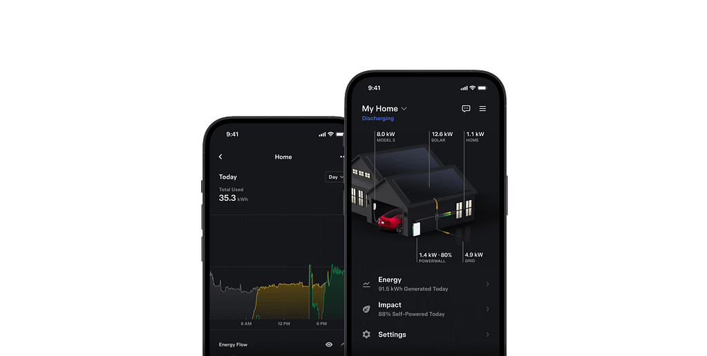 The Tesla Powerwall app showing real-time home energy usage, including solar energy production and battery discharge.