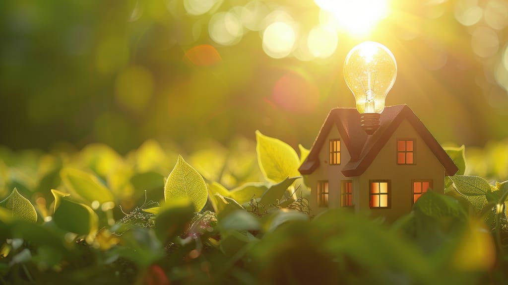 Sustainable home with solar-powered light bulb on roof amidst greenery