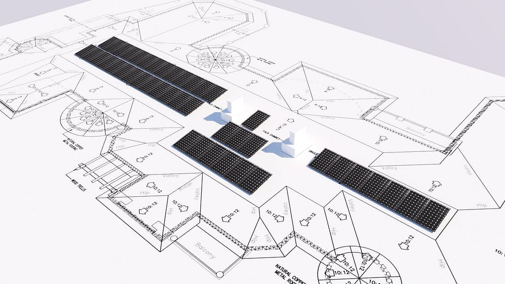 Architectural blueprint featuring a detailed design of a solar system installation on various roof sections.