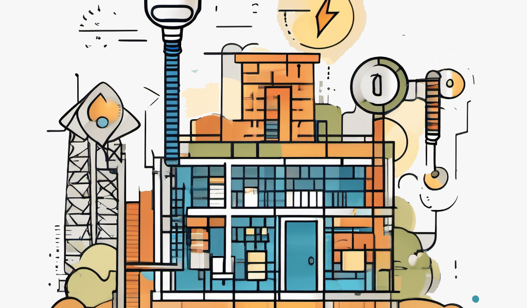 Artistic illustration of a commercial building with integrated renewable energy sources, including solar panels and wind turbines