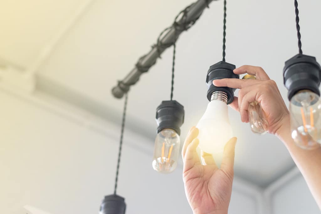 Person replacing an incandescent bulb with an energy-efficient LED light in a ceiling fixture, demonstrating sustainable lighting.