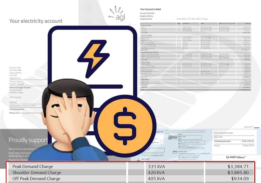 Consumer shocked by high demand charges on an electricity bill, underscoring the need for power factor correction to reduce costs.