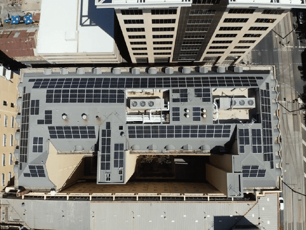 Solar panels installed on the rooftop of The Playford Hotel in Adelaide