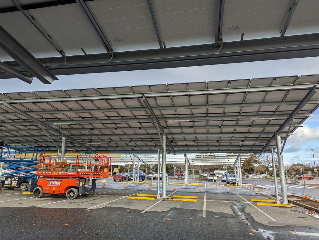 Progression photo of PV carpark structure at Seaford Central Shopping Centre by Class A Energy Solutions