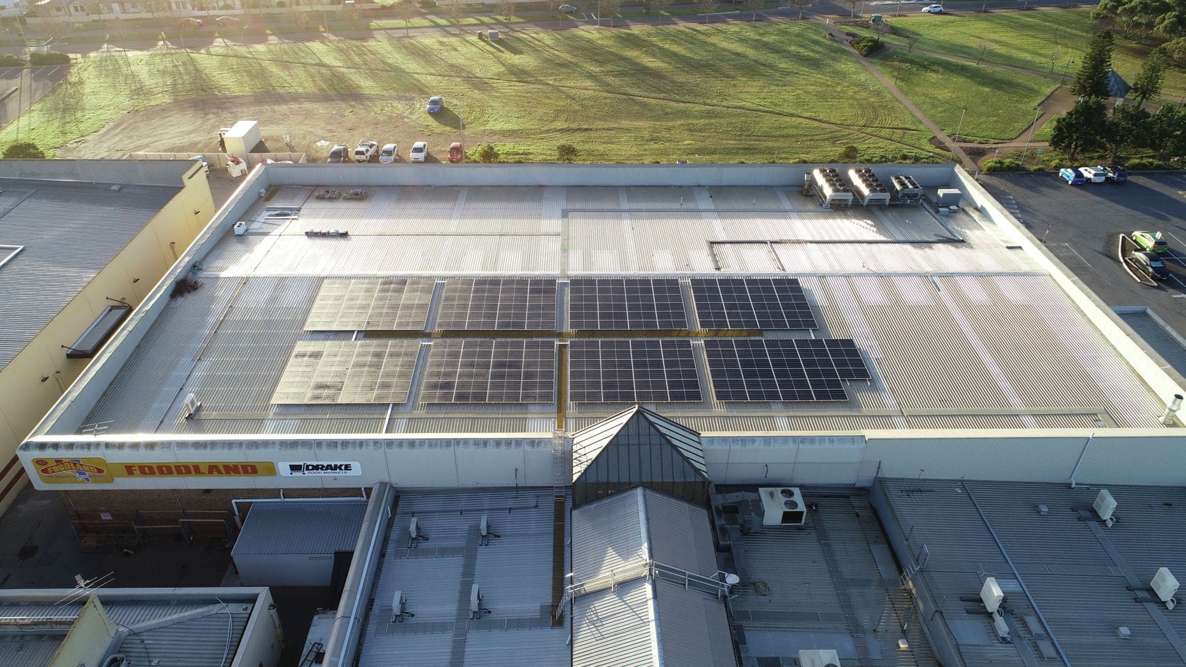 Drone photo of completed rooftop PV array at Seaford Central Shopping Centre by Class A Energy Solutions
