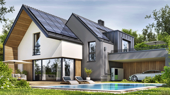 Animation depicting a modern home equipped with a solar panel and battery storage system, demonstrating energy flow and storage.