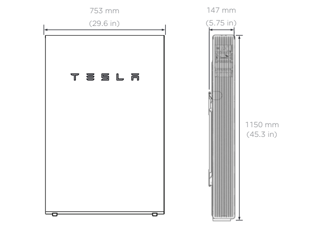 Technical drawing showing the dimensions of the Tesla Powerwall, including height, width, and depth measurements.