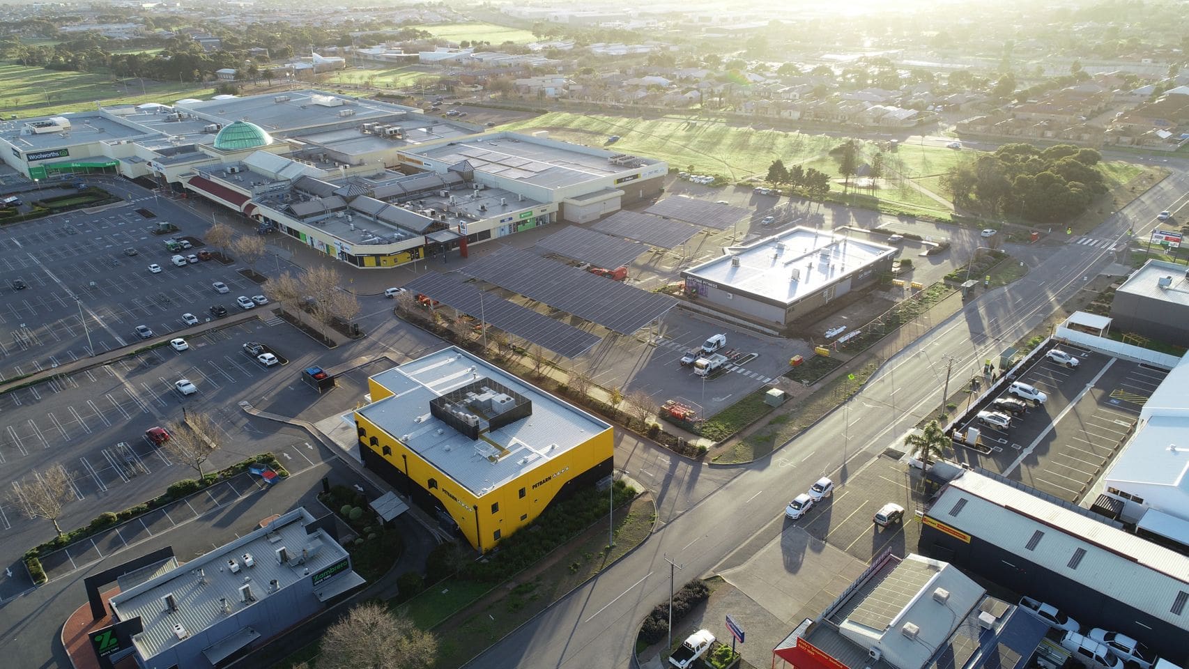 Drone photo of completed 464.745kW solar installation at Seaford Central Shopping Centre by Class A Energy Solutions