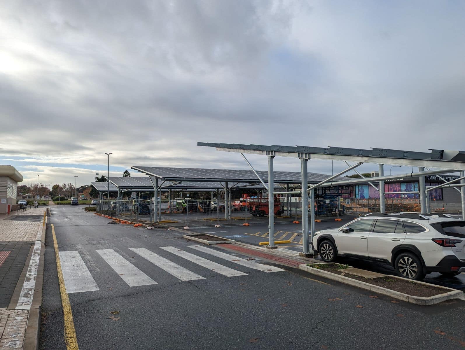 Progression photo of half-complete PV carpark structure at Seaford Central Shopping Centre by Class A Energy Solutions